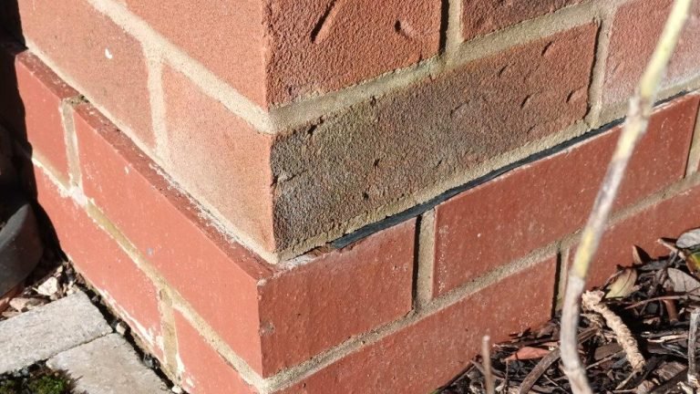 Close-up of an engineering brick damp-proof course at the base of a wall